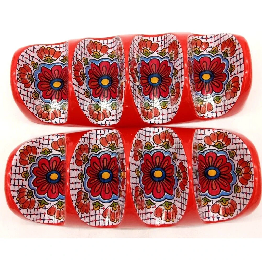 II Mulino Set of 2 Taco Tray Tortilla Holders Fiesta Melamine Mosaic Red Blue